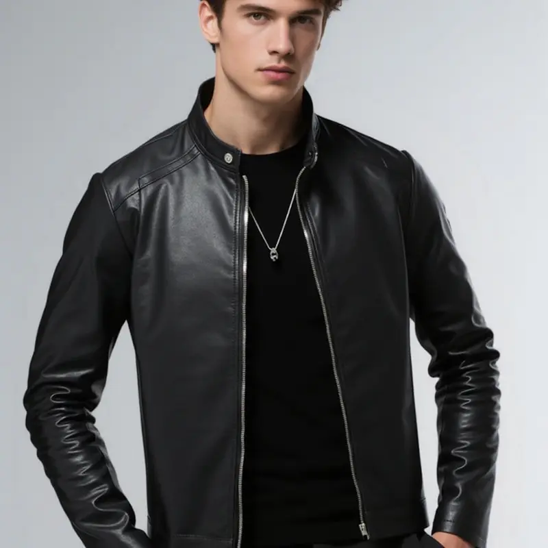 Men's Solid Color Stand Collar Zip Up Pu Leather Jacket Coats, Regular Fit Casual Long Sleeve Button Outerwear for Daily Wear, Men's Clothing for All Seasons