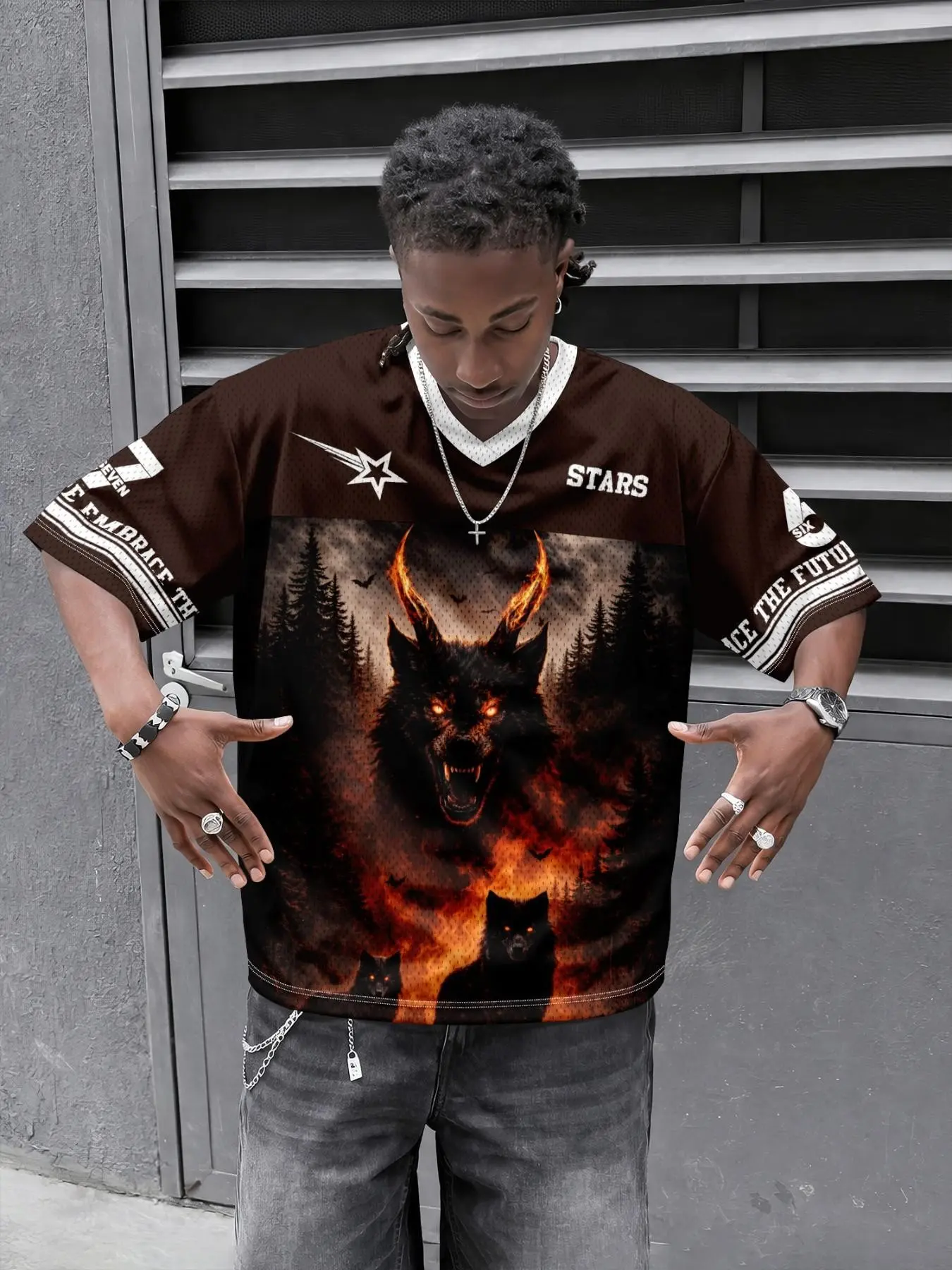 1 men's jersey T-shirt, "Hellwolf" Flame Wolf Forest Dark Mesh Jersey Print, American high street V-neck short sleeved top