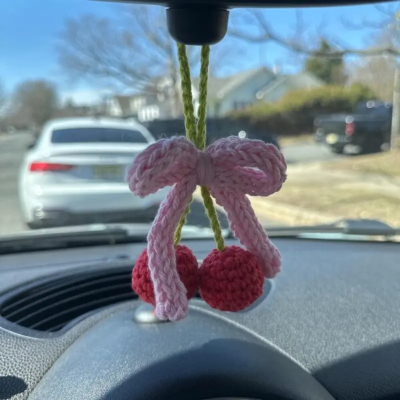 Cute Handmade Car Mirror Accessories Bow Coquette Car Interior Decor Crochet Car Hanger Car Ornament Hanging Car Charm Cherry Rear View Mirror Decor Car Decoration