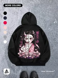 Demon Slayer Nezuko Awakening Print Loose Hoodie with Pocket, Casual Breathable Sweatshirt for Outdoor and Home Wear