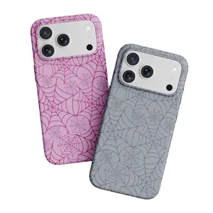 Spider Web Pattern iPhone Case for iPhone 17 16 15 14 13 12 Pro Max 17 Air – Glossy Anti-Scratch Film, Pink & Grey Aesthetic Protective Phone Cover for Women Girls