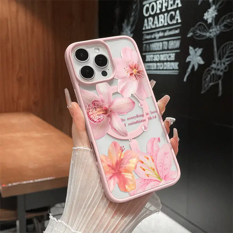 Pink Lily Collage pattern Pattern Magnetic MagSafe Phone Case– Compatible with iPhone 11–17 Series & Samsung S22–S26; Ultra-slim, Shockproof, & Cute – Perfect for Holidays & Gifts