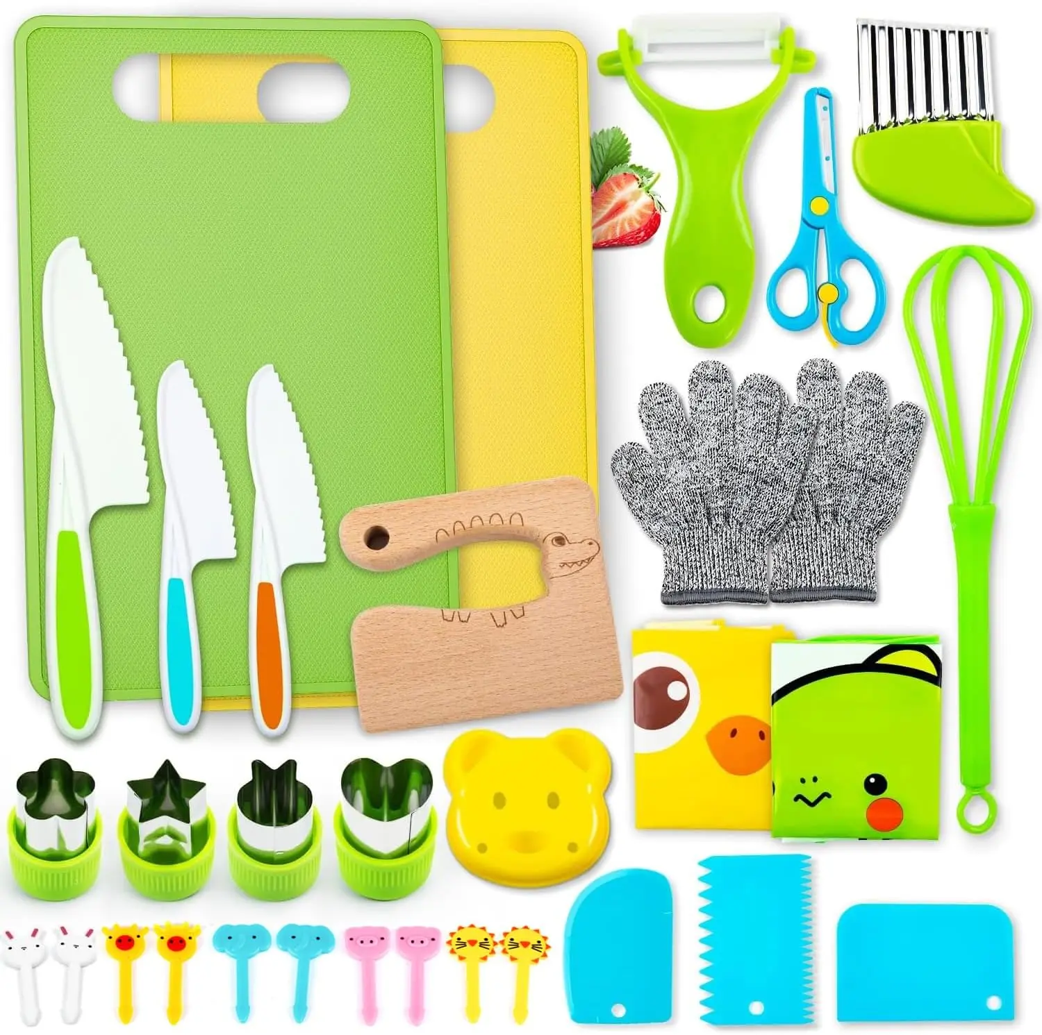 32 PCS Kids Cooking Set for Real Cooking Montessori Kitchen Tools with Safe Toddler Knife Set Wooden Cutting Board Vegetable Cutters & Peelers Educational Chef Gift for Boys & Girls Ages 3-8