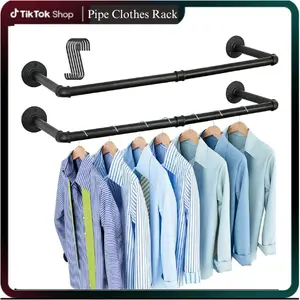 Industrial Pipe Clothes Rack Wall Mounted Set of 2, 38.4 inches Heavy Duty Iron Pipe Clothing Garment Rail, Multi-Purpose Clothing Hanging Rod for Laundry Room and Closet Storage