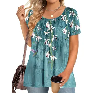Plus Size Women's Tops Tunic Short Sleeve Crew Neck Shirts Casual Soft Blouse Fabric Fit Floral Spandex