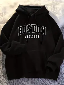 Men's Boston Letter Print Hoodie, Casual Long Sleeve Pullover, Regular Fit, Graphic Style, All Seasons Wear, Comfortable Fitted Design