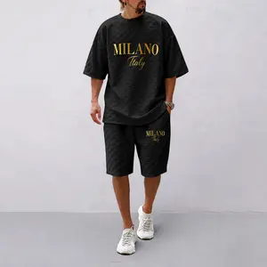 Men's Spring and Summer 'MILANO Italy' Letter Print Checkered Fabric Drawstring Shorts Set, Casual Summer Outfit with Short-Sleeved Shirt and Shorts, Ideal for Everyday Wear and Sports Activities