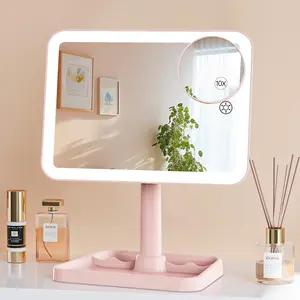 Rechargeable Lighted Makeup Mirror for Girls, Desk Mirror with Lights, Detachable 10X Magnifying Mirror, Storage Base, 360? Rotation, Dimmable Lights for Teens Gifts,