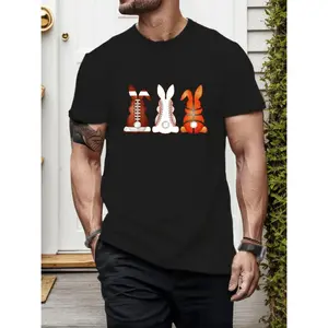 Men's White Rabbit and Basketball Print Short Sleeve T Shirt with Bunny Ears and Hoops Design for Casual Summer Outfits and Easter Events