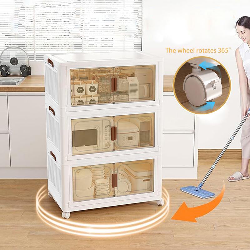 Stackable plastic storage boxes with transparent doors, durable foldable design, suitable for kitchen and home organization, multi-purpose folding cabinet boxes, kitchen storage boxes and storage cabinets.