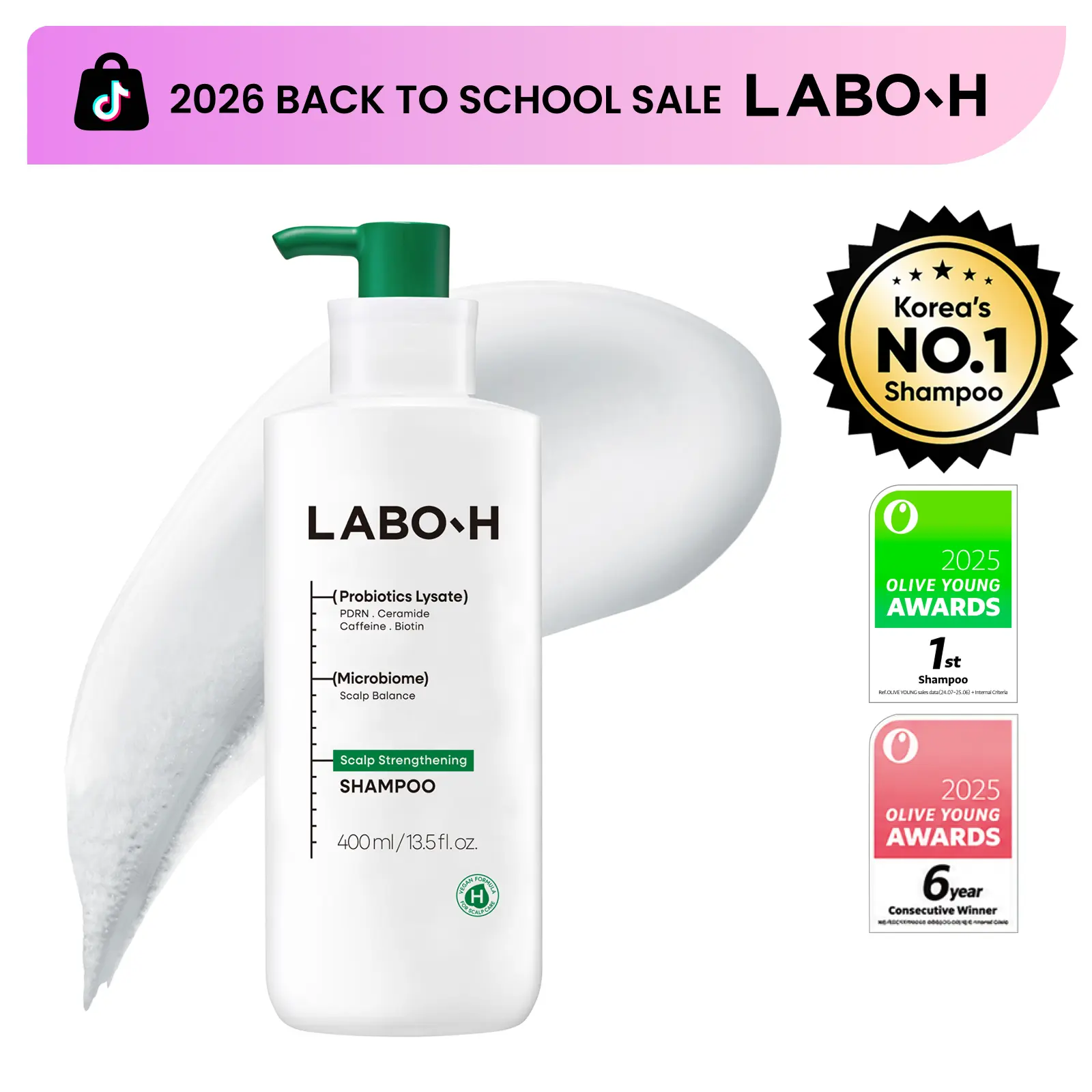 LABO-H Scalp Strengthening Shampoo | PDRN and Biotin for Hair Loss and Hair Growth | Korean Haircare | Silicone-Free Vegan