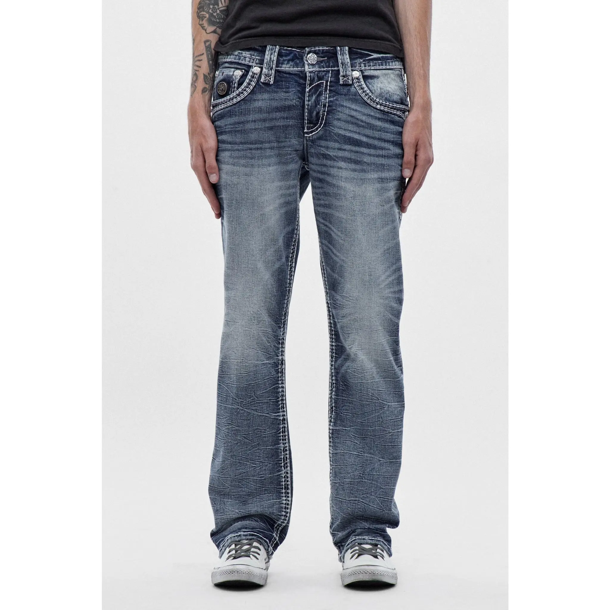 Rock Revival Matteo Bootcut Jeans - Stretch Cotton Denim with Fleur-de-Lis Embroidery & Embellished Leather Accents, Pockets, Stretch Denim, Bootcut Men's Jeans, American Traditional, True-To-Size, Classic, Craftsmanship, Day, Hem