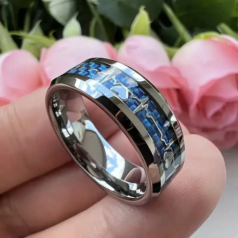 8MM Unique Engagement Heart Line Stainless Steel Rings Carbon Fiber Inlaid Personality Wedding Band Jewelry Party Wholesale