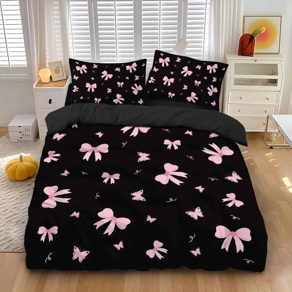 3-piece bedding set, Soft bedding sets (1 duvet cover + 2 pillowcases, no filling) in black and pink with bow print, made of 100% polyester fiber, soft and comfortable, suitable for room décor, all year round, Comfy Bedding Set