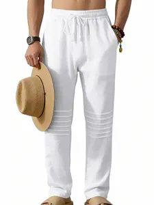 Men's Summer Linen Casual Loose Fit Drawstring Beach Vacation Pleated Straight Leg Pants, New American Style Large Size Long Trousers Casual Street Pants