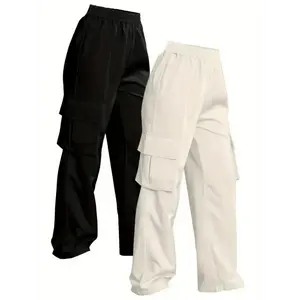 2-Pack Solid Color Cargo Pants - Casual Elastic Waist Wide Leg Flap Pockets - For Women - Suitable for Everyday Wear, Work Pants for Women