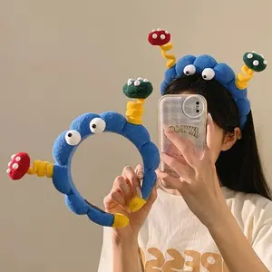 Cute Blue Plush Monster Headband with Mushroom Antennas, Funny Fluffy Alien Hair Hoop for Washing Face, Makeup, Shower, Halloween, Cosplay, Party Costume, Women Girls