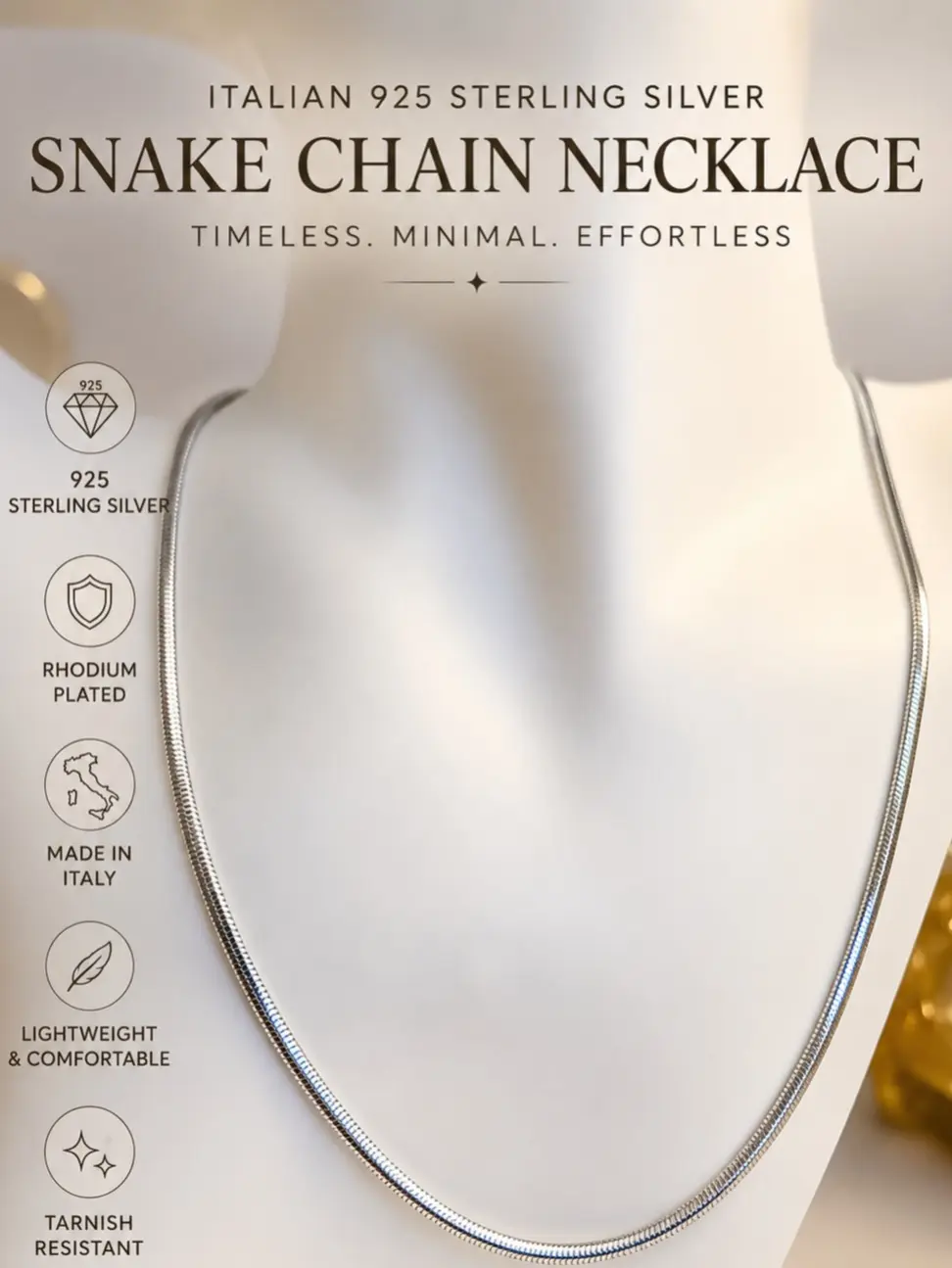 Sterling Silver Snake Chain Necklace – Rhodium Plated 18"