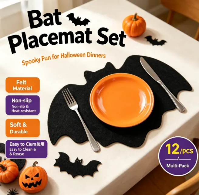 Stylish Felt Bat & Spider Web Placemats and Coasters, Heat-Resistant Non-Slip Pads, Halloween Dining Decor, Furniture Protector for High-Temperature Tableware (Plate Not Included)