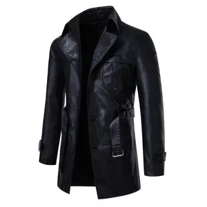 Men’s fashion outerwear — men’s solid PU leather jacket with waist belt, windbreaker for males