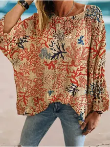 Women's Coral Ocean Print Long Sleeve Knit Top, Casual Elegant Vacation Style Sweater, Loose Batwing Shoulders, Spring Summer Fall Fashion