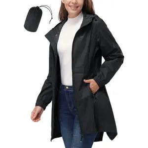 33,000ft Women's Waterproof Long Rain Coats Packable Rain Jacket with Hood Trench Coats Windbreaker