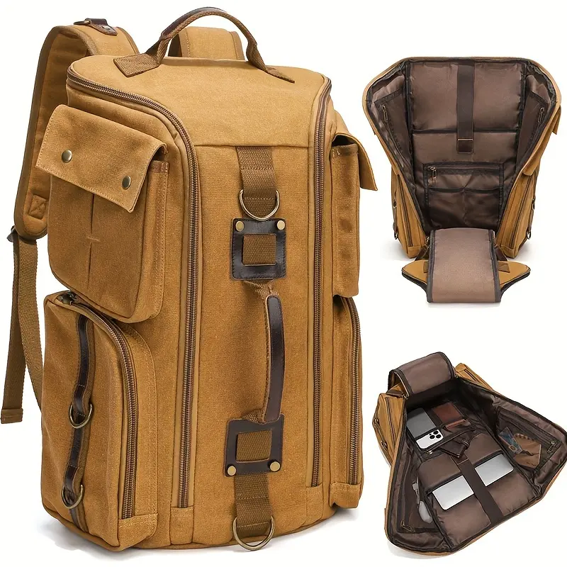 Unisex Travel Rucksack in Full-Grain Leather and Waxed Canvas, Durable Backpack with a 180° Clamshell Zip Opening for Hiking, College & Everyday Carry, Backpack For College, Edc Gear