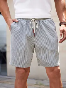 Men's Classic Striped Breathable Fabric Shorts, Casual Sports Shorts, Casual Fashion Streetwear, Summer Essential, Slant Pocket Design, Leather Contrast, Athleisure Street Shorts