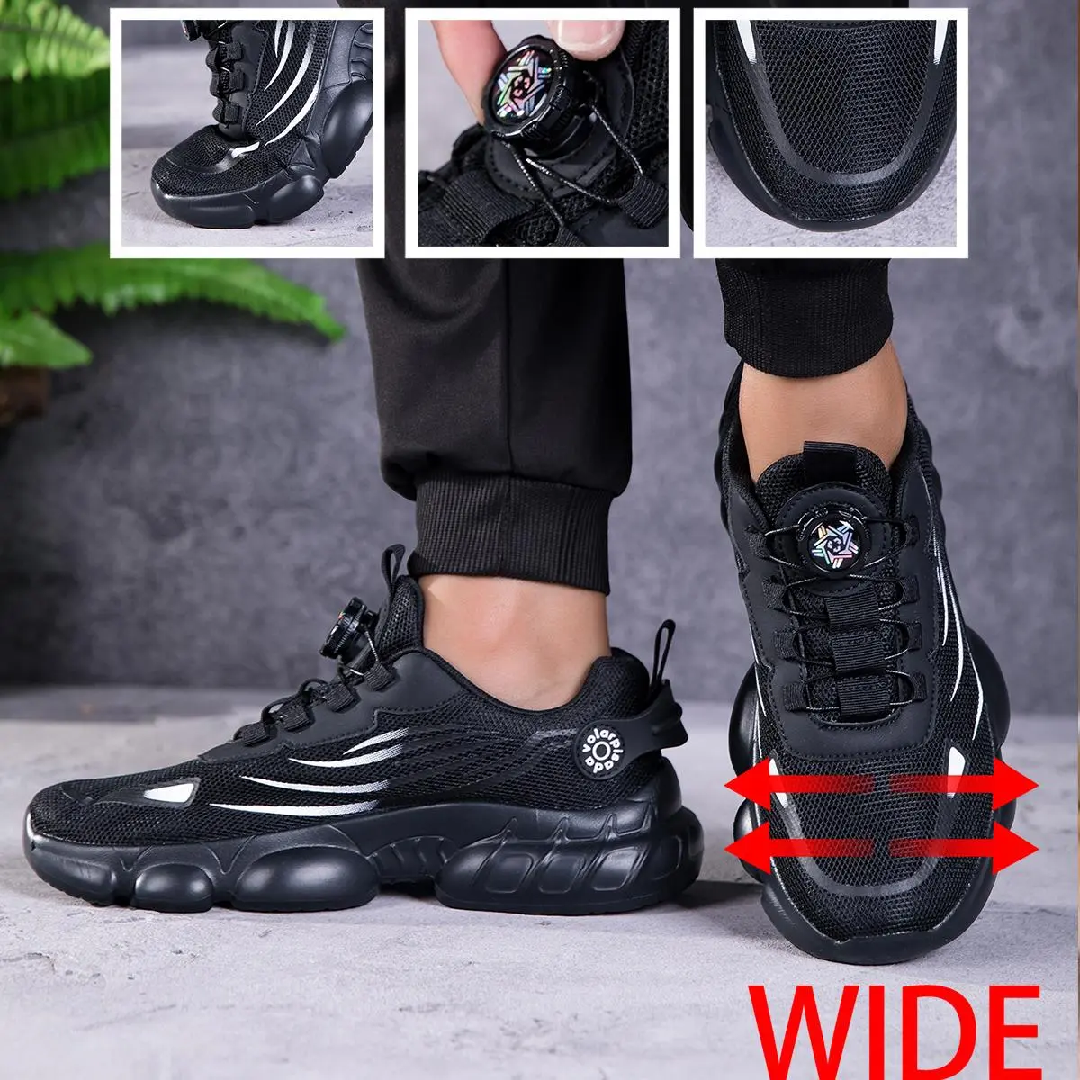 Men's Wide Width Cushioned Anti-Slip Running Shoes - Knob Quick Lace, High Elastic Thick Rebound Sole, Durable Rubber Outsole, Flexible Shock-Absorbent Lightweight No-Slip Fit, Gym Training, Wide Last for Flat Feet Bunions, Cushioned Anti-Slip Men's Runni