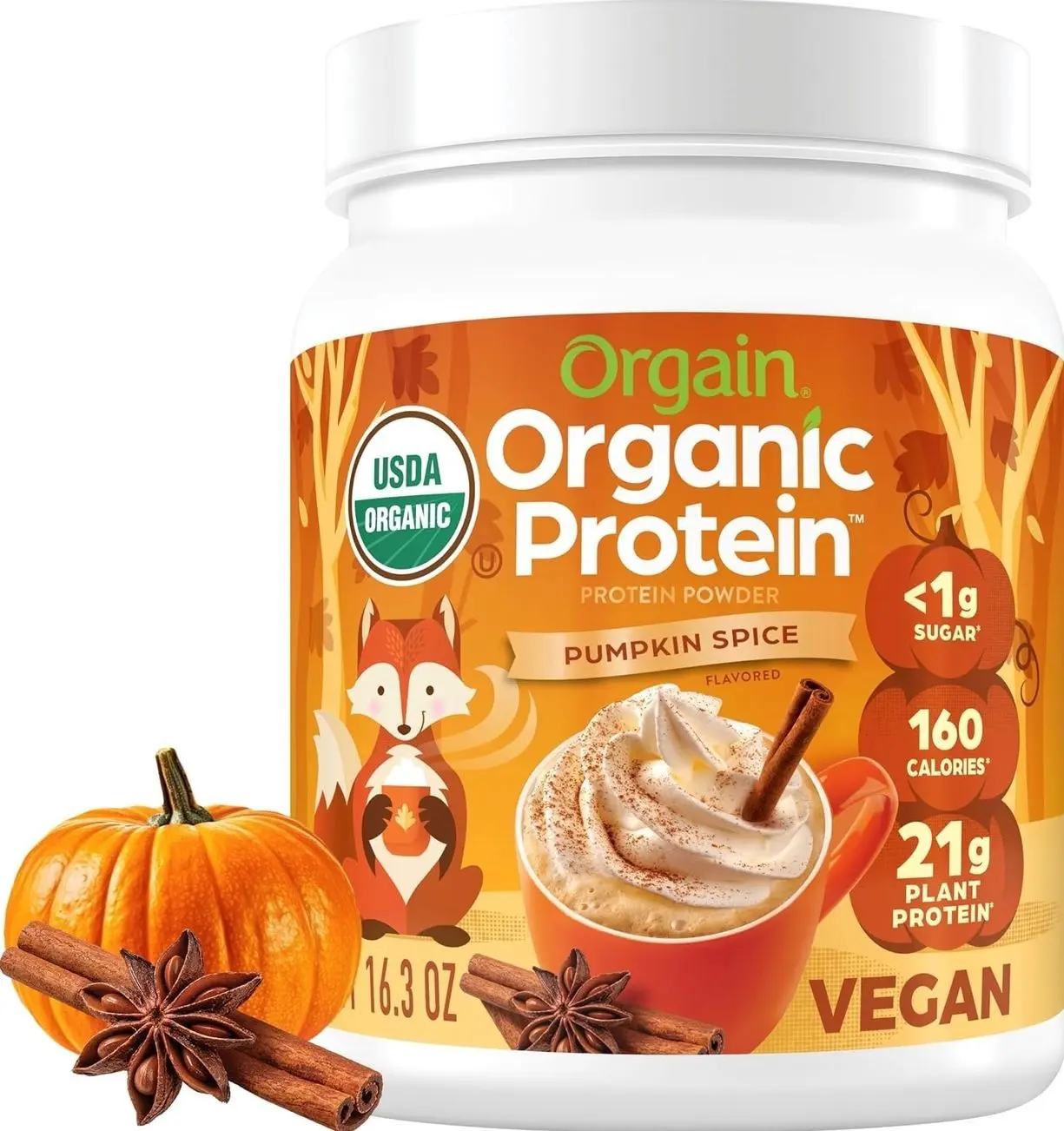 Orgain Organic Vegan 21g Protein Powder, Pumpkin Spice, 1.02 lb | Plant based protein, seasonal flavor, 5g prebiotic fiber, no added sugar or lactose, non-GMO, for shakes & smoothies