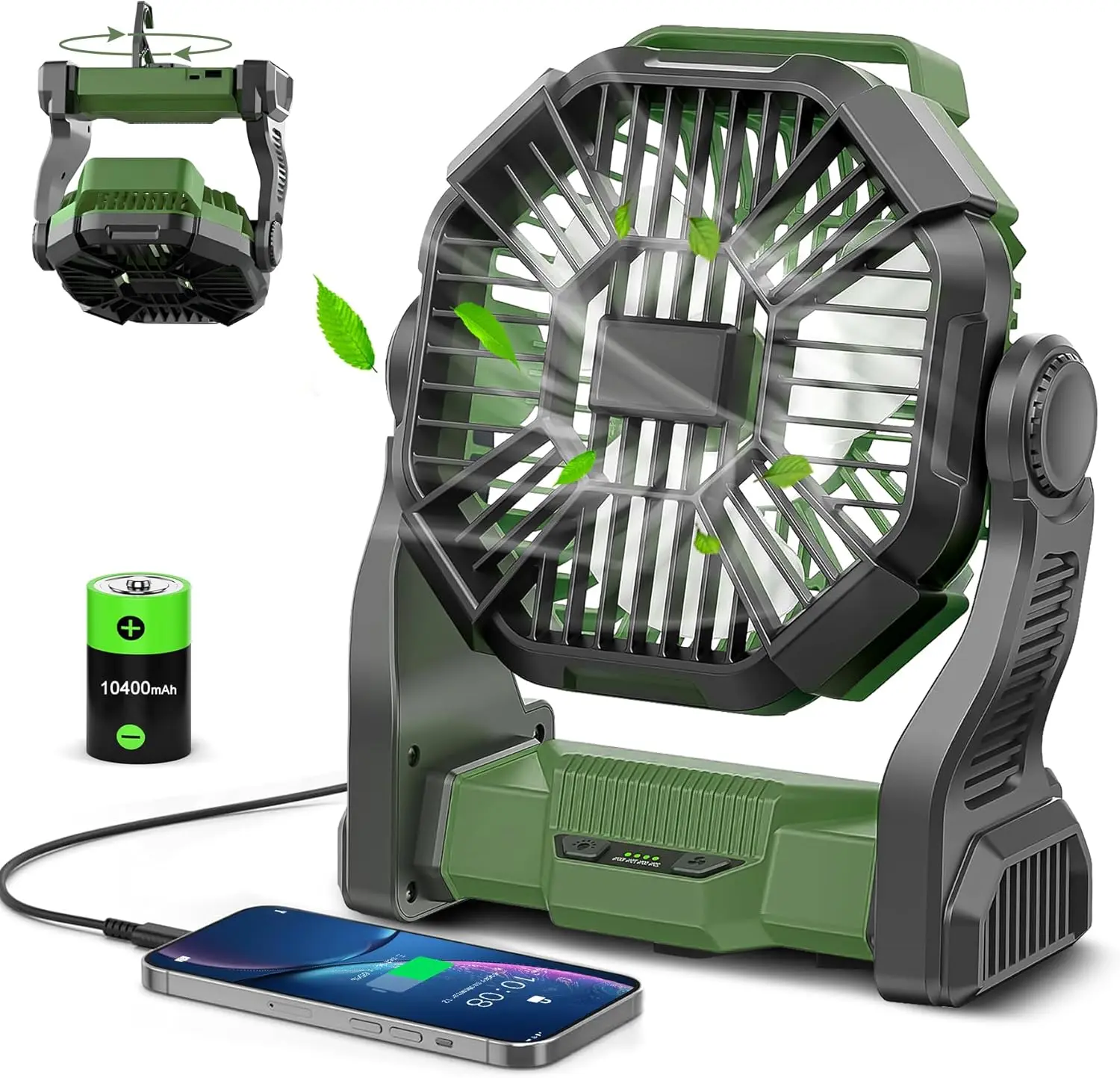 10-Inch Multifunctional Battery Powered Fan - Cordless Rechargeable USB Charging Fan with LED Lantern, Oscillating Silent Adjustable 270° Rotation Portable Cooling Device for Camping, Travel, Cordless Rechargeable Fan