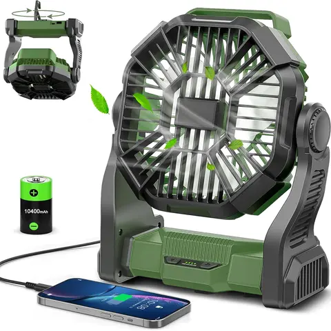 10-Inch Sturdy Cordless Rechargeable Battery Powered USB Charging Fan - Silent 270° Oscillating Adjustable Rotation Device with LED Light, 36h Low-Speed Airflow Portable Cooling Sleep Fan for Camping, Tent & Umbrella Hanging