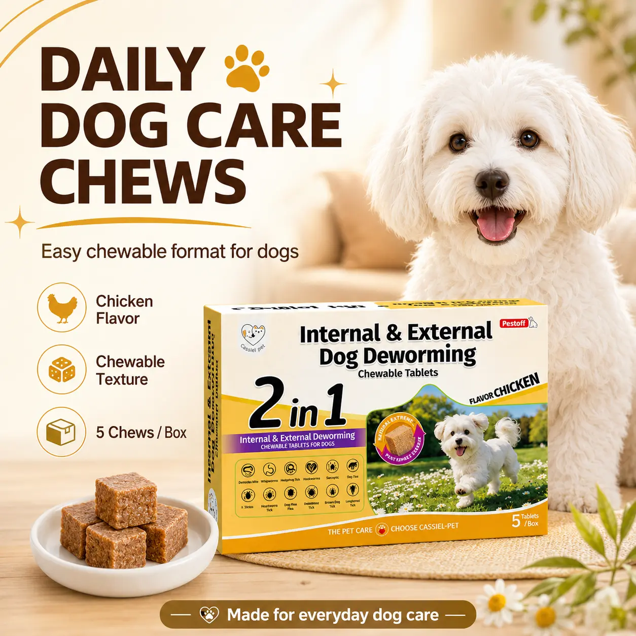 Cassiel Pet Chicken Flavor Soft Chews for Adult Dogs, 5 Count Easy to Feed Chewable Pet Snacks, Daily Dog Care Treats, 5 Chews per Box