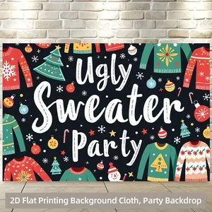 2D Flat 1pc , Sweater Party Backdrop - Vibrant Holiday-Themed Polyester Fabric with Festive Sweaters, Christmas Trees & Ornaments, Perfect for Living Room, Bedroom, Office Decor or Party Background, Christmas Decorations