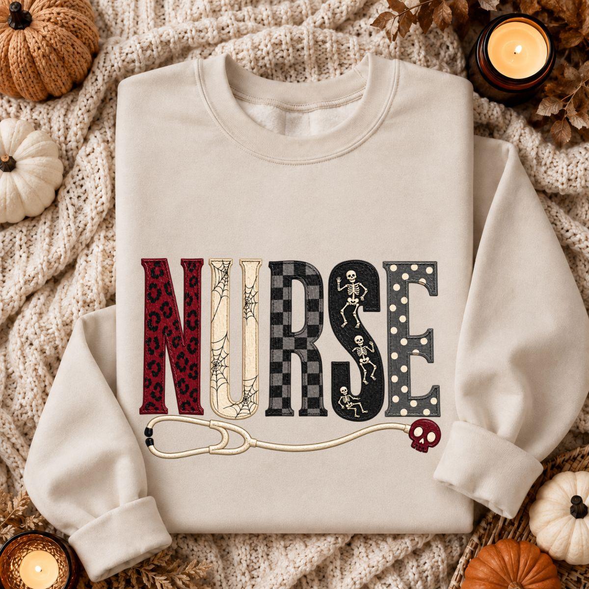 [PRINTED SWEATSHIRT] Halloween Nurse Sweatshirt, Spooky Nurse Skeleton Nurse Pullover, Cute Fall Nurse Nursing Sweatshirt, Trendy Spooky Season Long Sleeve Nurse Gift For Women
