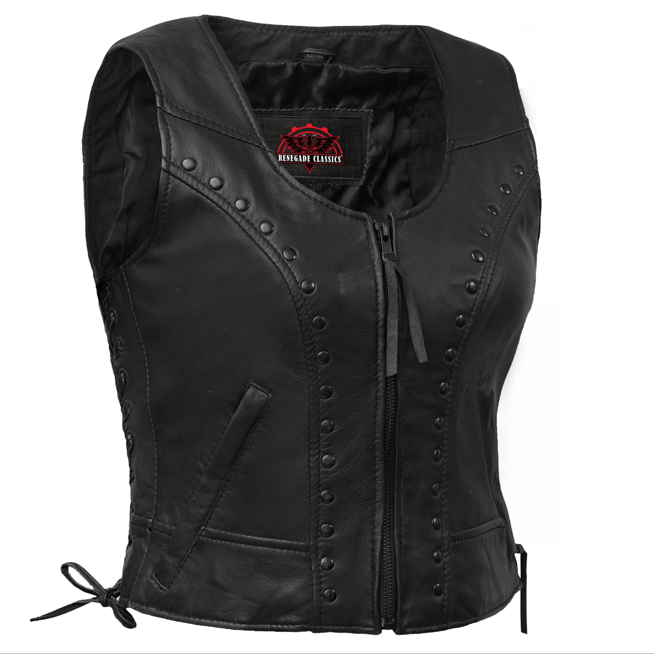 RENEGADE CLASSICS Women's Lambskin Leather Biker Vest - Short Fitted V-Neck Sleeveless Top with Side Laces and Zipper Pockets