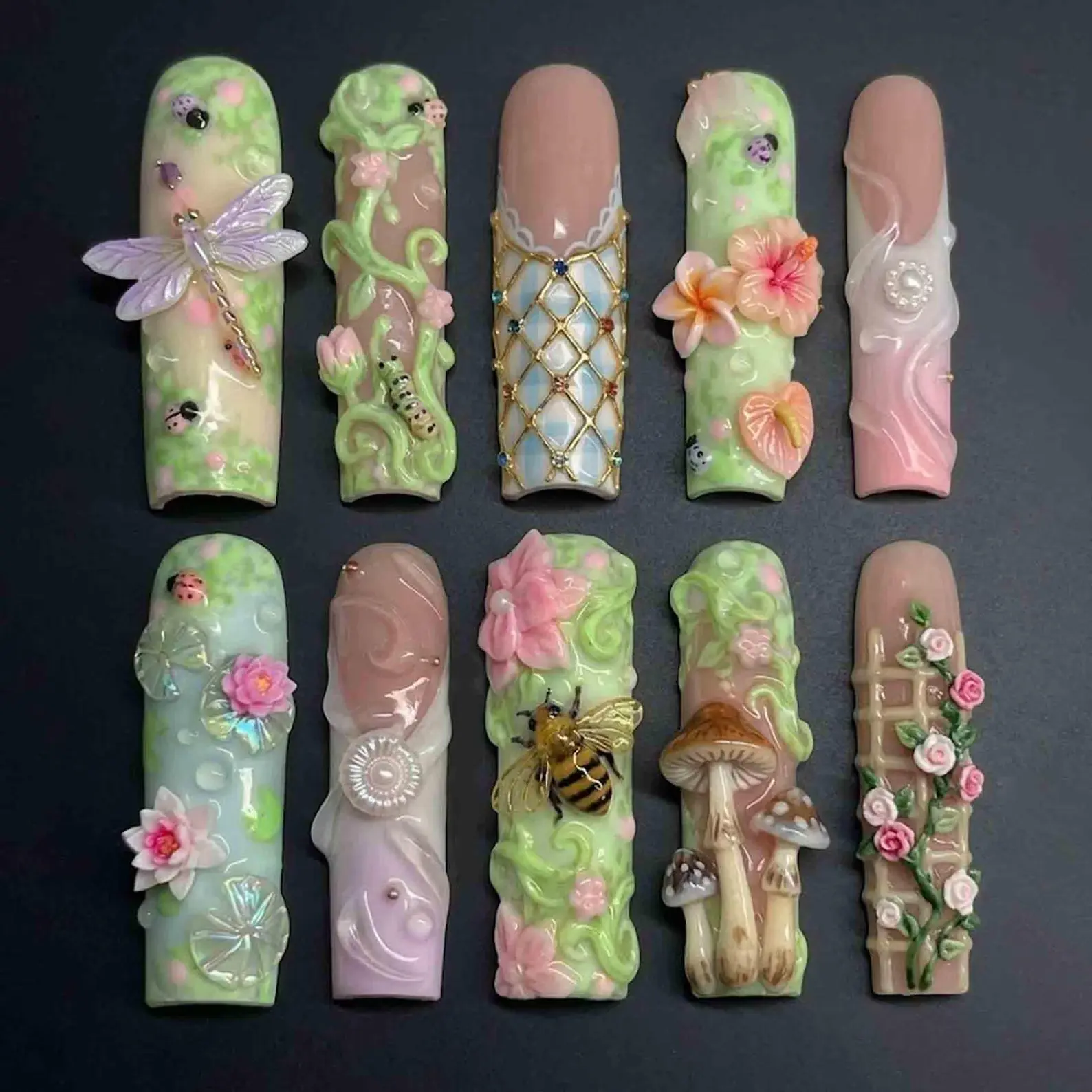 Handmade Fairy Garden Press-On Nails | Dragonfly, Bee, Mushroom, Lily Flower Charms | Long Square Fairycore Nail Art Set
