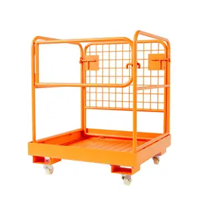 Heavy Duty Forklift Safety Cage Work Platform, Foldable Lift Basket Flat Aerial Rails for Forklift, Steel Construction Elevating Push Basket with Mesh Wall Cover & Non-Slip Flooring for Warehouse Garage Facility Repairs
