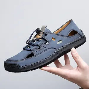 Men's Handmade Leather Walking Sandals - Durable, Lightweight Breathable Slides, Flexible, Open-Toed, Large-Size, Summer Hollow Fashion Footwear, Style 6901, Slide Men's Sandals