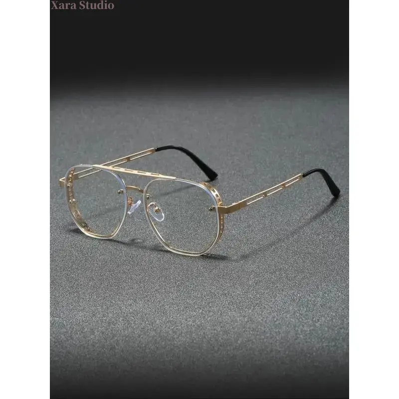 Men’s Metal Frame Non-Prescription Eyeglasses - Classic Browline Top Bar, Lightweight Durable Fashion, Angular Metallic Old-Fashioned, Clear Lens for Business Casual & Office Work, Angular Non-Prescription Glasses, Metallic Non-Prescription Glasses