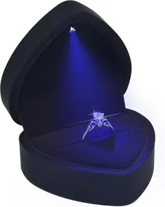 Luxury LED Lighted Engagement Ring Box - Heart Shaped Elegant Black Ring Case for Wedding Rings,  for Proposal, Anniversary, Ceremony, and  Giving