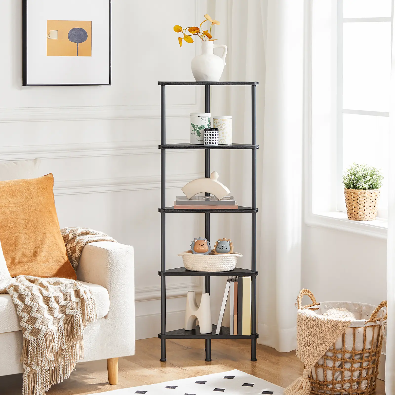 HOOBRO Black Corner Shelf, Industrial 5-Tier Wall Corner Stand with Metal Frame, Plant Corner Display Shelf, for Small Spaces, Bedroom, Living Room #SummerVibes