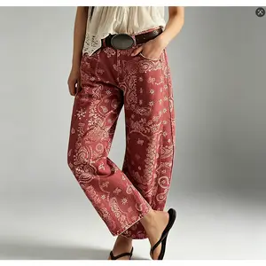 Women's Printed Wide-Leg Jeans Loose Mid-Rise Jeans in Soft Pink with Boho Floral Pattern Casual Denim Trousers