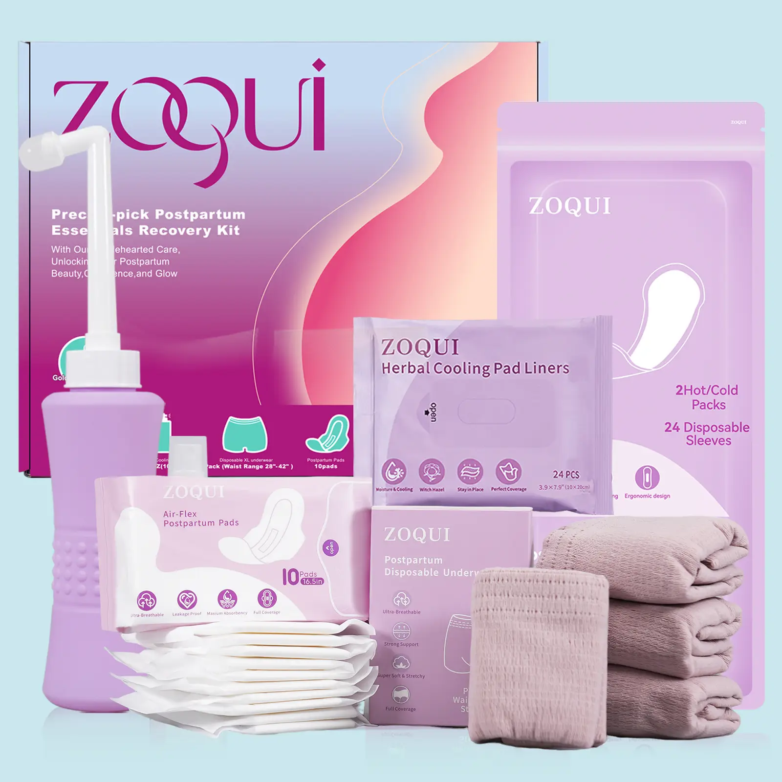ZOQUI Postpartum Recovery Essentials Kit - Includes Postpartum Pads, Hot&Cold Packs, Cooling Liners, Peri Bottle, Cooling Spray, Disposable Underwear