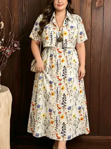 Plus Size Women's Dress Set, Bohemian Floral Print Short Sleeve Shirt & Strapless Long Skirt, Perfect for Summer, Travel, Vacation, Daily Wear, Curvy Women