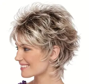 1PC Short Bob Elf Wig, Fashionable Women's Fluffy Brown Mixed Short Curly Hair, Golden Hairband Gradient Straight Hair Synthetic Wig, Dark Root Layered Golden Hair Wig, Suitable for Women's Daily Party Wigs, Role Playing Halloween