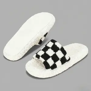 Cozy Warm Winter House Slippers, Soft Fuzzy Checkered Slippers for Women Men, Stylish Elegant Indoor Footwear