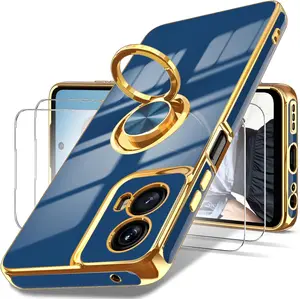 Phone Case for Motorola G 5G 2024 Case, Moto G 5G 2024 Case,2X Screen Protector, 360° Rotatable Ring Holder Magnetic Kickstand,Plated Gold Edge Slim Soft TPU Protective Cover (Blue)