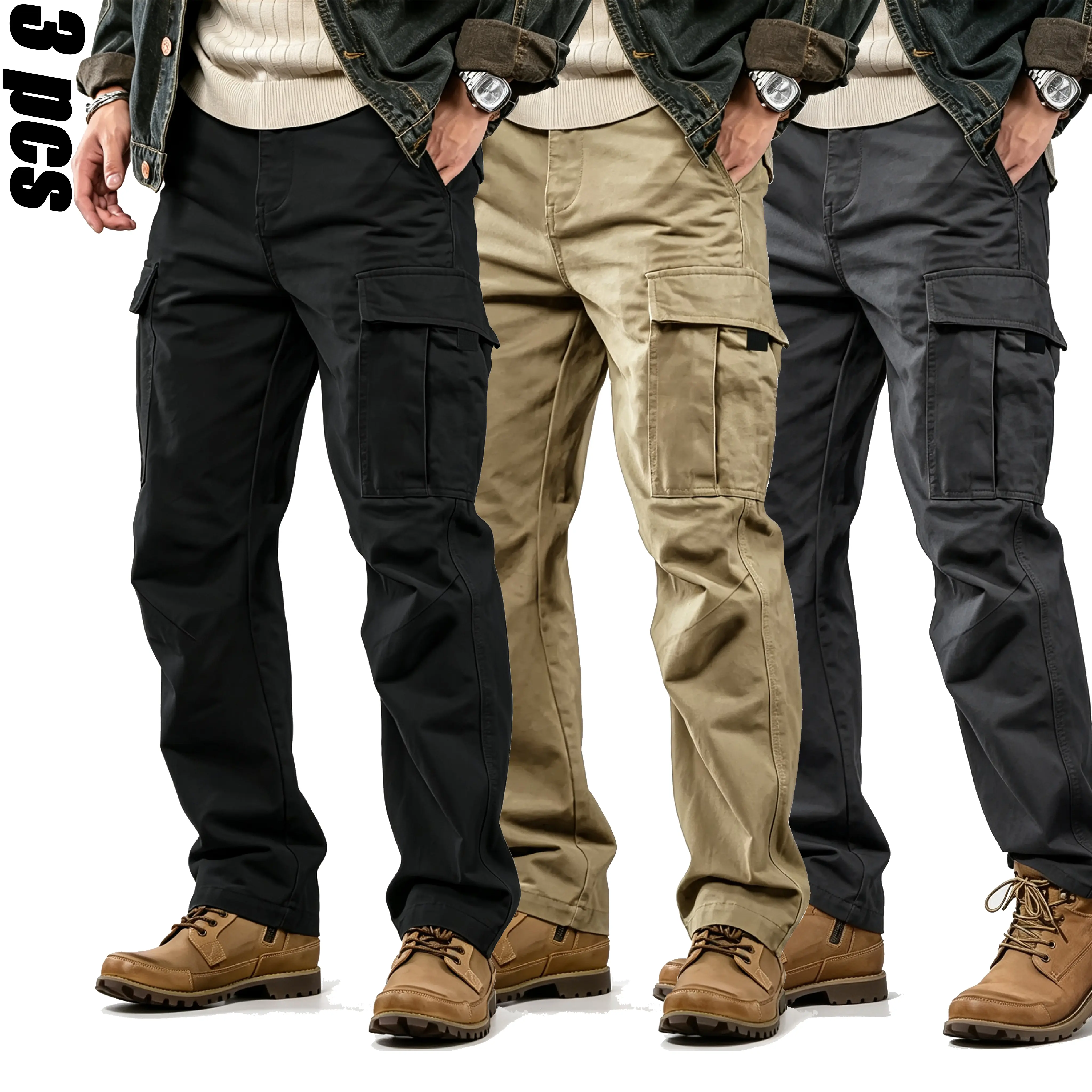 Men's Retro Twill Cargo Pants, Mid-Rise Wear-Resistant Straight-Leg Trousers with a Slight Flare and Utility Pockets, Casual Outdoor Menswear, Plain, Stylish, Retro Style, Button