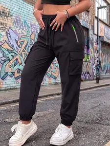 Single pack women’s summer cargo jogger pants with zippered pockets, stylish large pocket design, elastic waistband with stretch, casual outdoor/daily wear slim-fit long pants